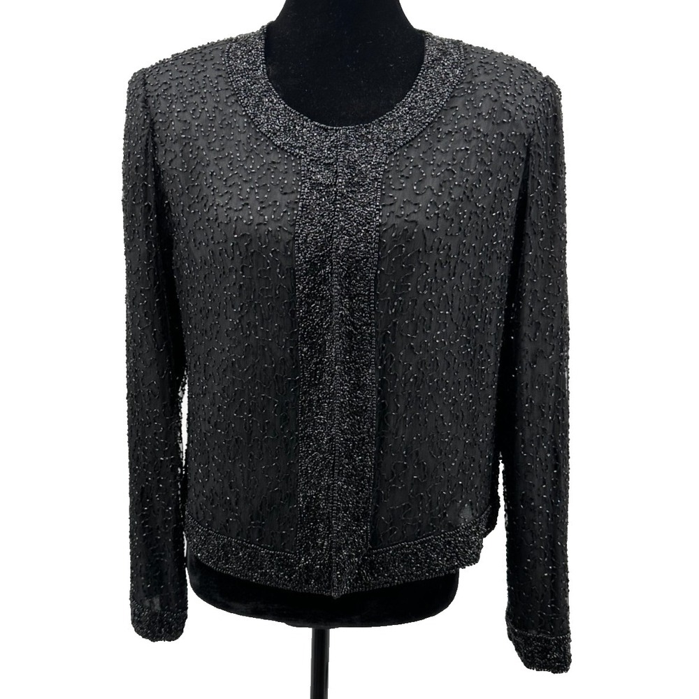 Laurence Kazar Womens Evening Wear Long Sleeve Blouse Size XL Black Beaded Silk
